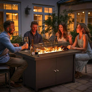 LAUSAINT HOME 43" Outdoor Fire Pit Table with Teakwood-grain Tabletop, 55,000 BTU Patio Propane Gas Fire Pit with Gray Glass Beads & Windshield, Metal