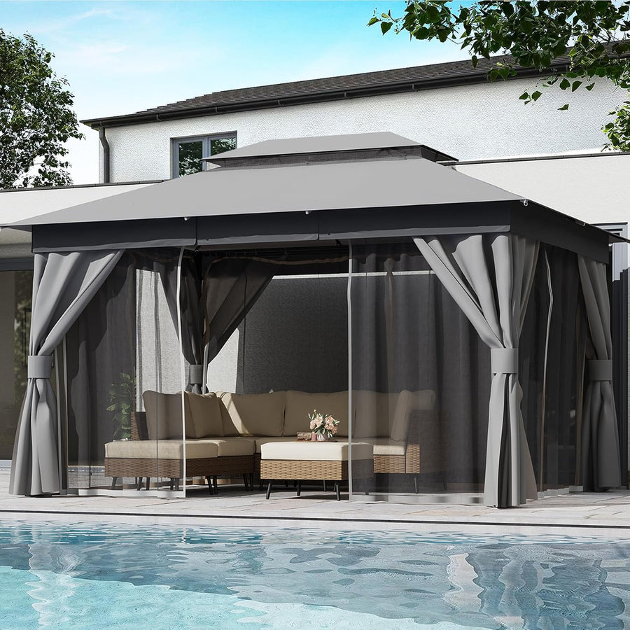 LAUSAINT HOME 10'x13' Outdoor Patio Gazebo, Heavy Duty Semi-Permanent Gazebo Tent with Double Roof, Mosquito Netting & Privacy Curtains, Metal Frame Backyard Canopy for Garden, Lawn, Party, Gray
