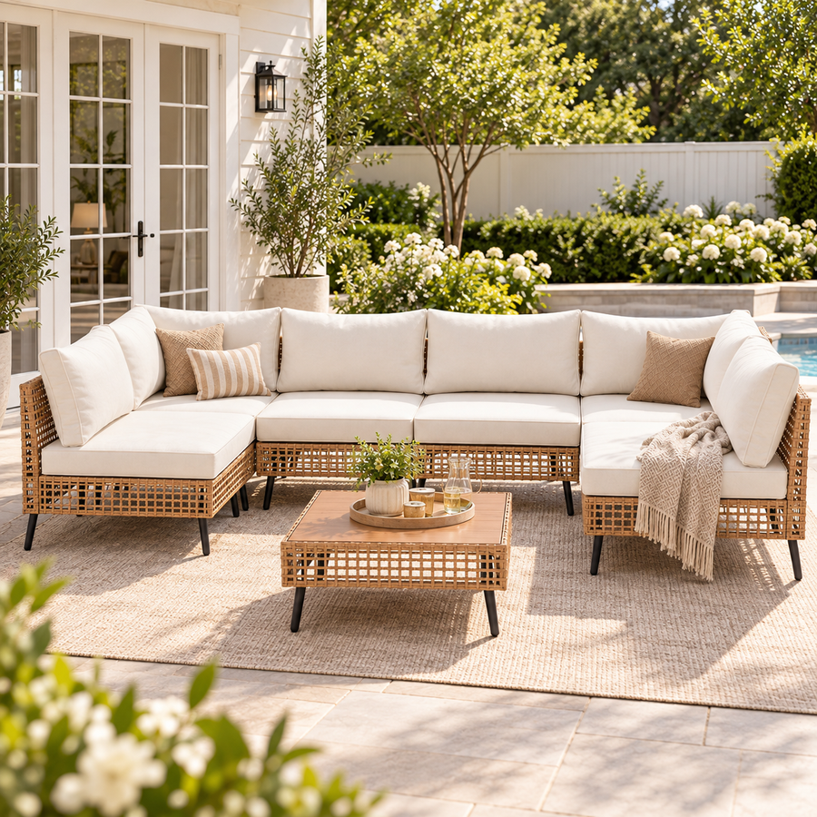Lausaint Home 7-Piece Outdoor Wicker Sectional Sofa Set with Beige Cushions, Modular Patio Conversation Furniture with Wood-Look Coffee Table for Backyard, Patio and Garden
