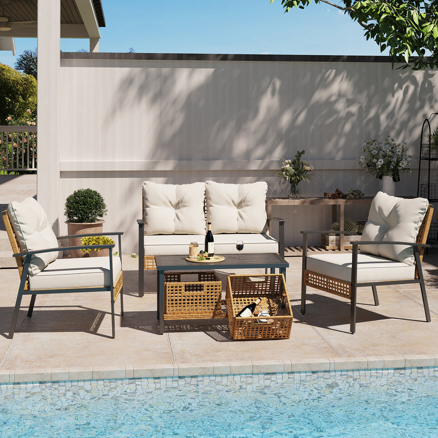 LAUSAINT HOME 6 Pieces Patio Conversation Set, Outdoor Furniture Set with 3 Chairs, 1 Metal Coffee Table and 2 Wicker Storage Baskets