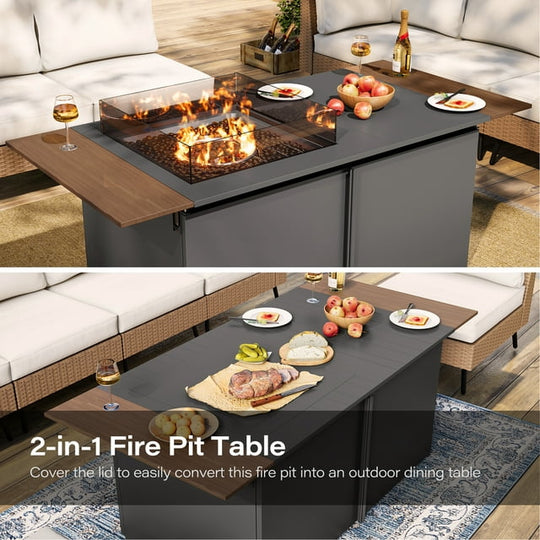 LAUSAINT HOME 64" Gas Fire Pit Table for Outside Patio, 55,000 BTU Propane Firepit with Foldable Wood Grain Tabletop & Amber Glass Beads, Black