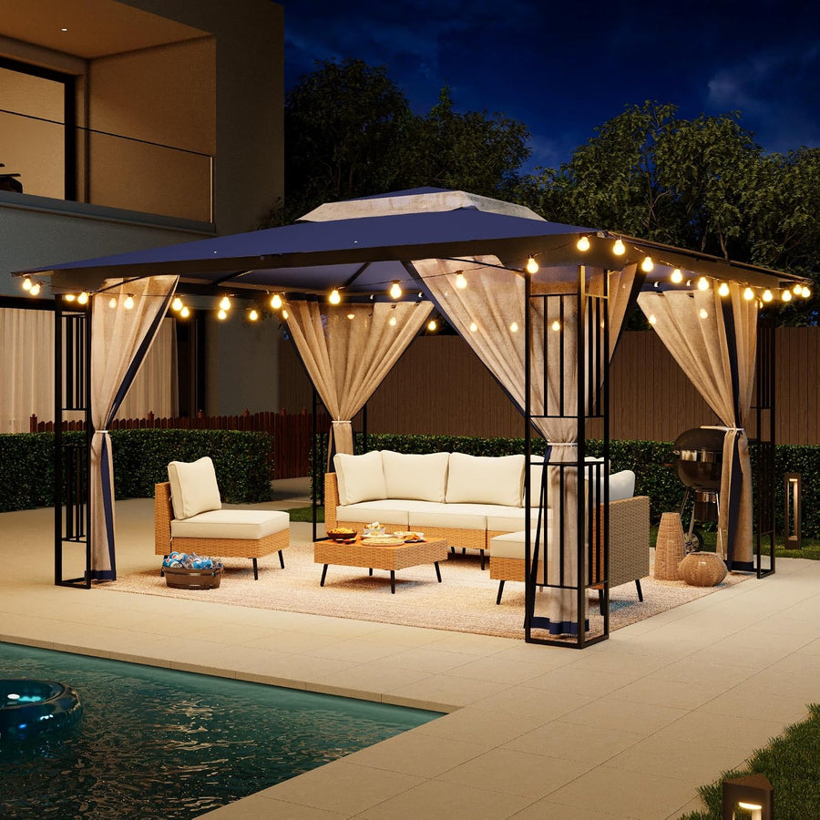 LAUSAINT HOME 13' x 11' Outdoor Patio Gazebo with 50FT String Lights, Heavy-Duty Steel Frame Gazebo with Double-Tier Roof & Mosquito Netting, Party Tent Shelter for Backyard, Garden, Lawn, Navy Blue