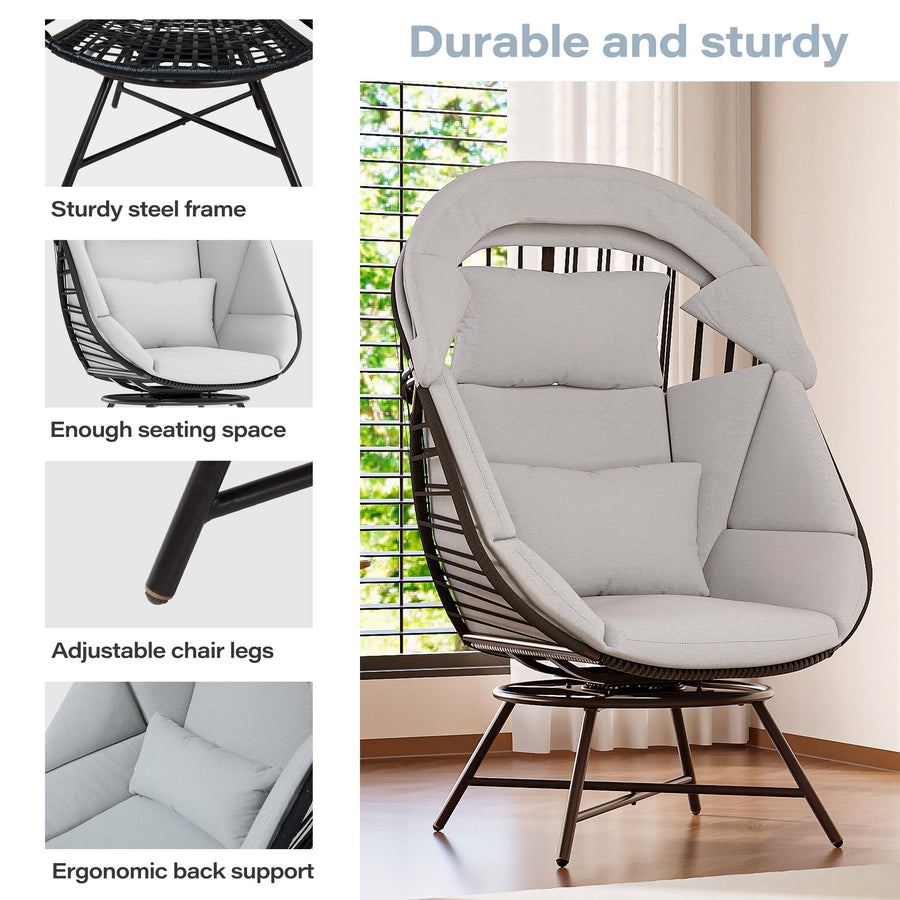 LAUSAINT HOME Oversized Wicker Egg Chair, 360° Swivel Indoor Outdoor Patio Lounger with with Cushion & Sunshade Brim