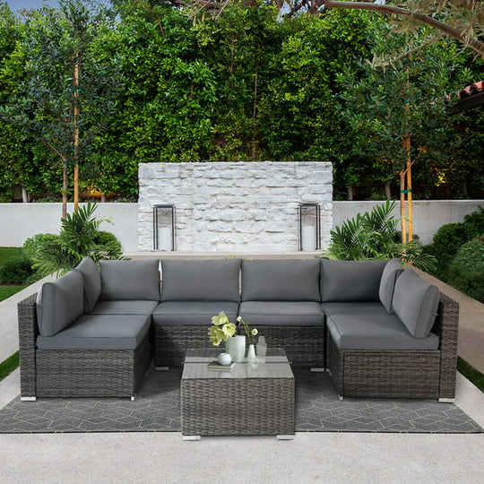 LAUSAINT HOME 7 Pieces Patio Conversation Set, Outdoor Sectional PE Rattan Wicker Conversation Seat (Gray)