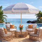KAMEROUT 7.5ft Fringe Patio Umbrella, Blue Striped Outdoor Market Umbrella with UV50+ Protection, Steel Pole, Hand Push Lift for Garden, Deck, Backyard, Poolside