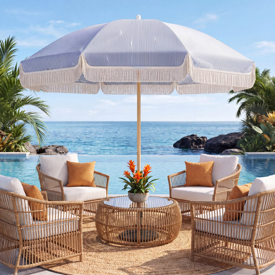 KAMEROUT 7.5ft Fringe Patio Umbrella, Blue Striped Outdoor Market Umbrella with UV50+ Protection, Steel Pole, Hand Push Lift for Garden, Deck, Backyard, Poolside