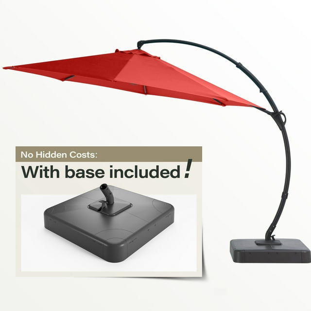 LAUSAINT HOME 12FT Deluxe Patio Umbrella with Base, Outdoor Large Hanging Cantilever Curvy Umbrella with 360°, Red