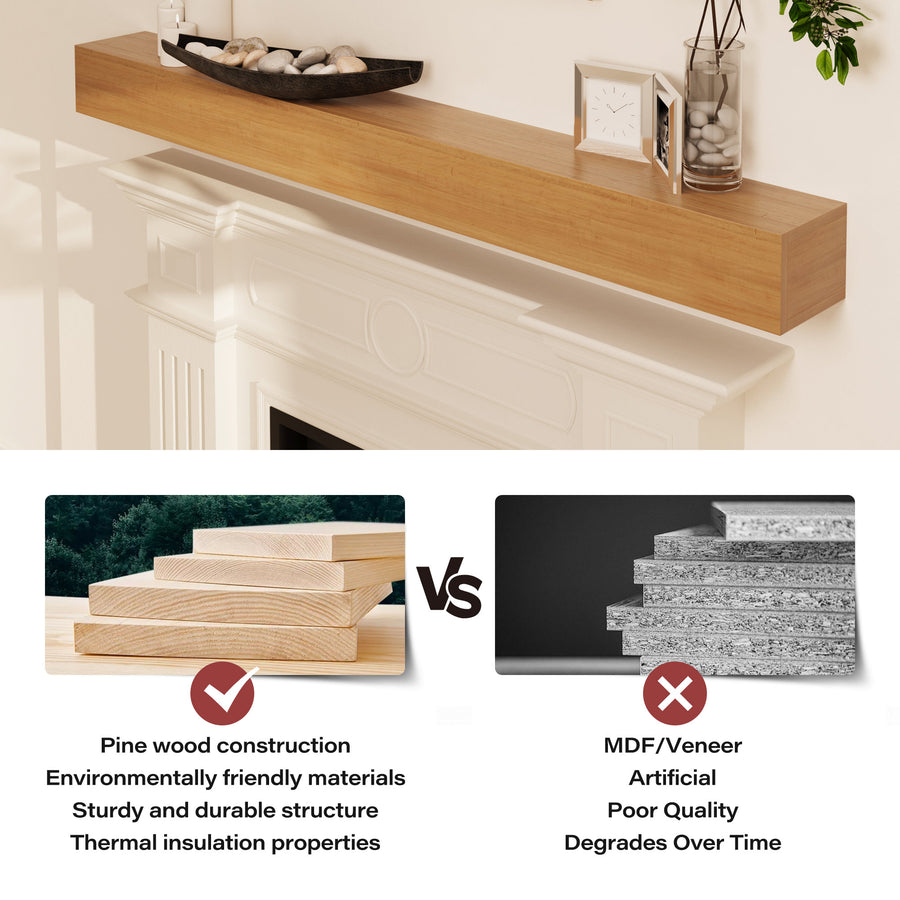 LAUSAINT HOME 60″ Solid Pine Floating Fireplace Mantel Shelf with Hidden Steel Brackets