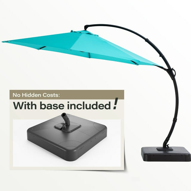 LAUSAINT HOME 12FT Deluxe Patio Umbrella with Base, Outdoor Large Hanging Cantilever Curvy Umbrella with 360°, Turquoise Blue