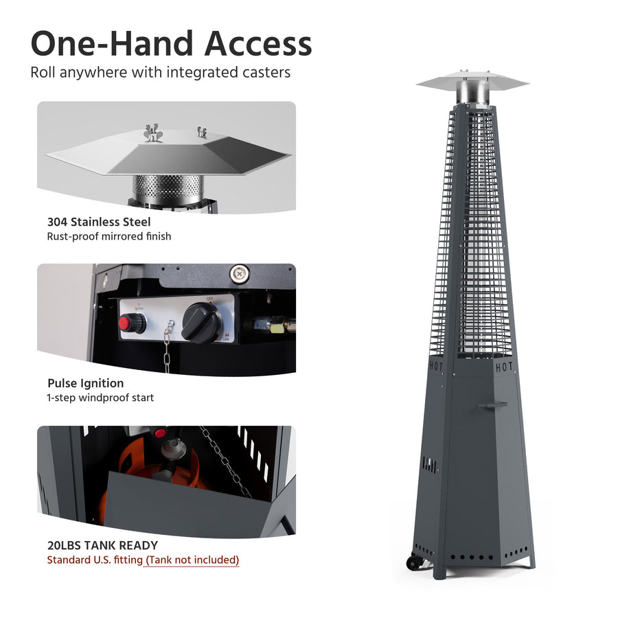 LAUSAINT HOME Hexagon Pyramid Patio Heater with Wheels, Quartz Glass Flame Heating 48,000 BTU & Cover