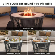 LAUSAINT HOME Outdoor Wicker Fire Pit Table with Metal Lid & Fire Tong, Dark Gray
