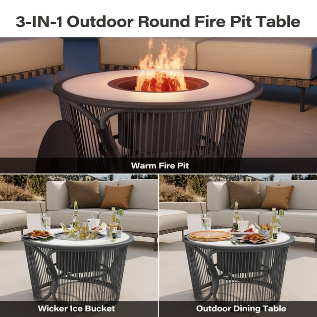 LAUSAINT HOME Outdoor Wicker Fire Pit Table with Metal Lid & Fire Tong, Dark Gray