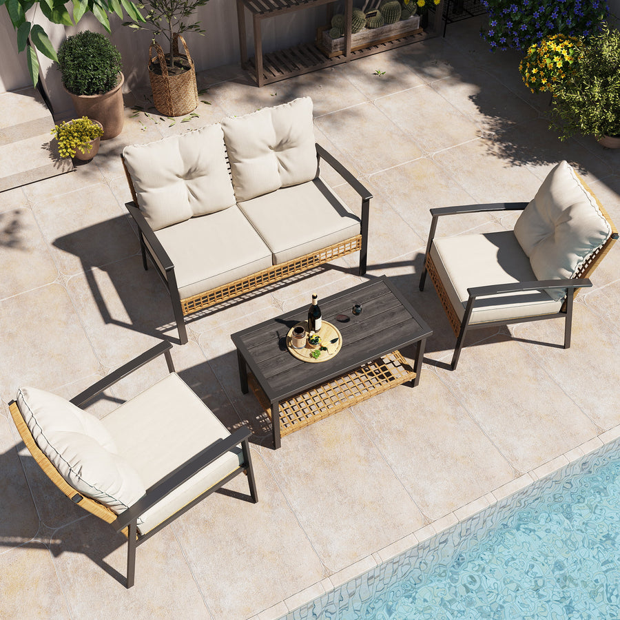 LAUSAINT HOME 4 Pieces Outdoor Patio Conversation Set with Cushions and 2-Tiers Storage Metal Coffee Table