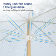 KAMEROUT 7.5ft Fringe Patio Umbrella, Blue Striped Outdoor Market Umbrella with UV50+ Protection, Steel Pole, Hand Push Lift for Garden, Deck, Backyard, Poolside