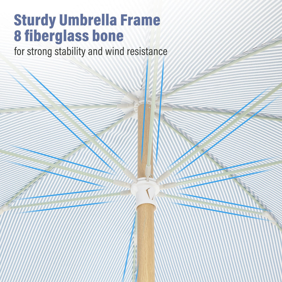KAMEROUT 7.5ft Fringe Patio Umbrella, Blue Striped Outdoor Market Umbrella with UV50+ Protection, Steel Pole, Hand Push Lift for Garden, Deck, Backyard, Poolside