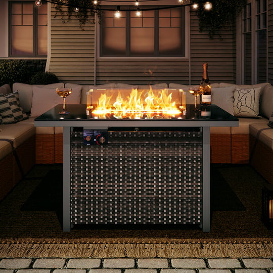 LAUSAINT HOME 43" Outdoor Fire Pit Table, 50,000 BTU Auto-Ignition Gas Fire Pit with Glass Wind Guard Propane(Rattan)