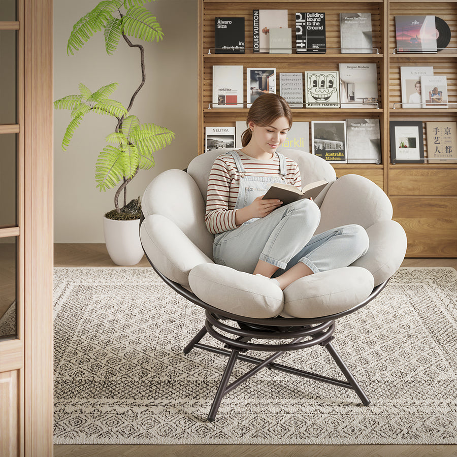 LAUSAINT HOME 40'' Papasan Chair, 360° Swivel Accent Chair with Ergonomic Petal-Shaped Gray Cushion, Olefin Fabric, Supports up to 400 lbs
