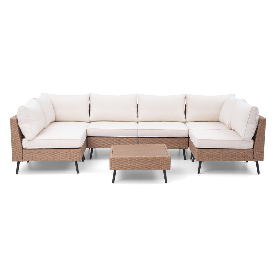 LAUSAINT HOME 7 Pieces Outdoor Furniture Set, Patio Modern Rattan Wicker Sectionals with 6 Chairs and 1 Coffee Table, Beige Cushions