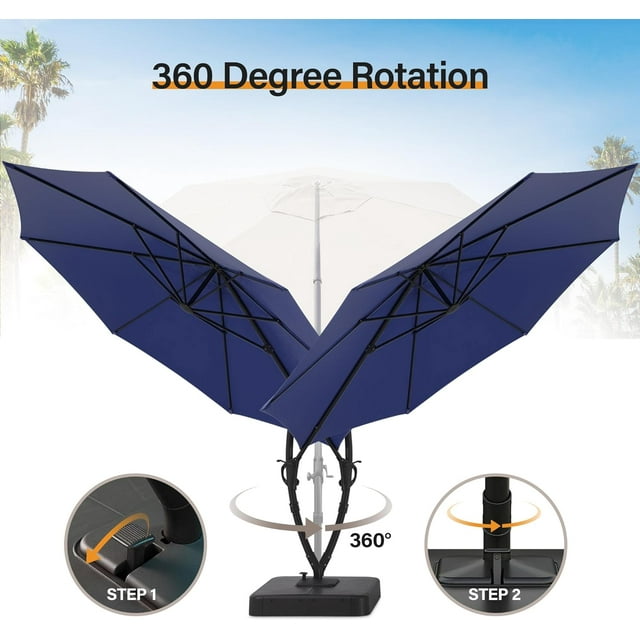 LAUSAINT HOME 12FT Sunbrella Patio Umbrella with Base, Large Hanging offset Cantilever Umbrella with 360°, Navy Blue