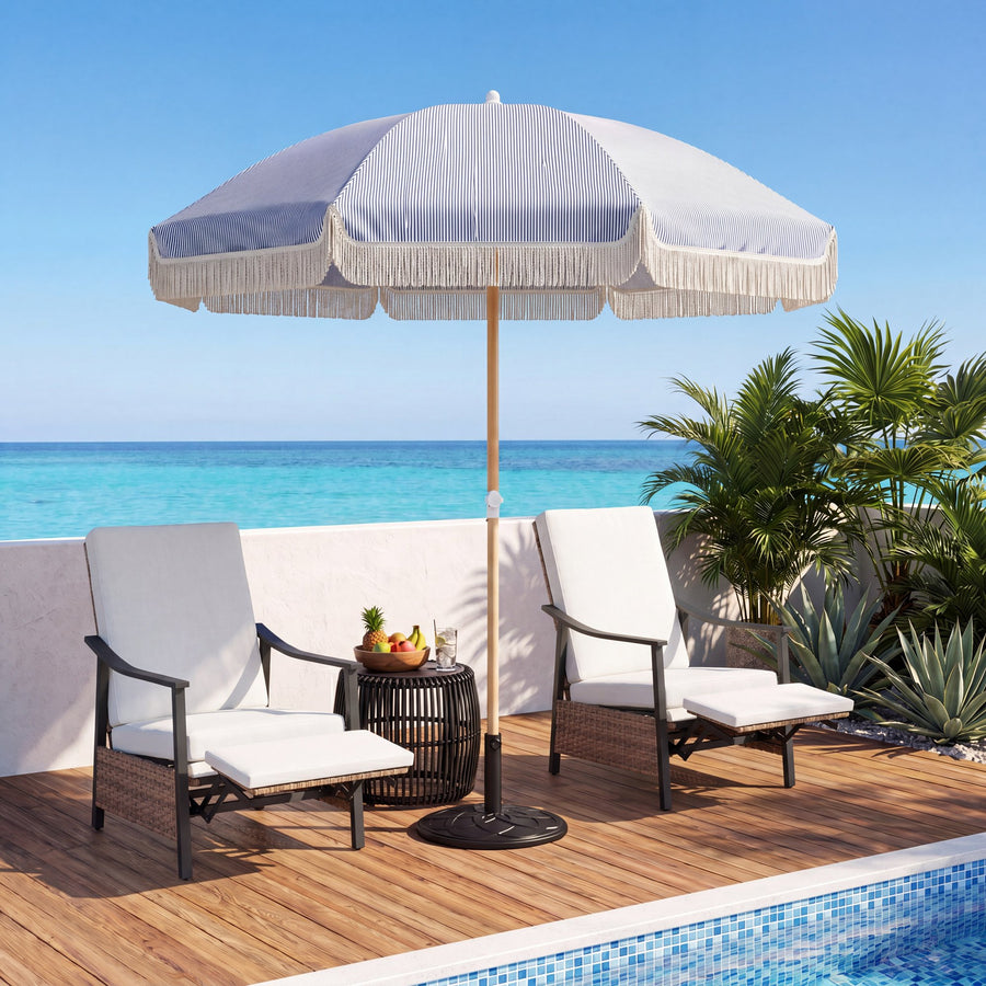 KAMEROUT 7.5ft Fringe Patio Umbrella, Blue Striped Outdoor Market Umbrella with UV50+ Protection, Steel Pole, Hand Push Lift for Garden, Deck, Backyard, Poolside