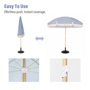KAMEROUT 7.5ft Fringe Patio Umbrella, Blue Striped Outdoor Market Umbrella with UV50+ Protection, Steel Pole, Hand Push Lift for Garden, Deck, Backyard, Poolside