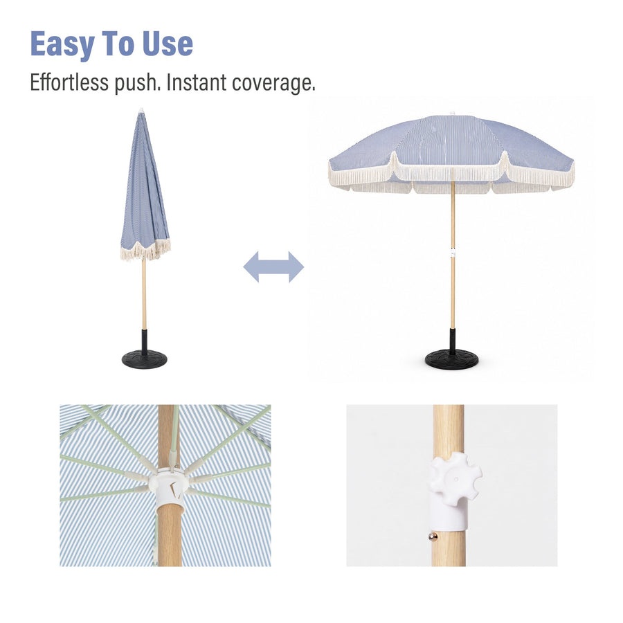 KAMEROUT 7.5ft Fringe Patio Umbrella, Blue Striped Outdoor Market Umbrella with UV50+ Protection, Steel Pole, Hand Push Lift for Garden, Deck, Backyard, Poolside