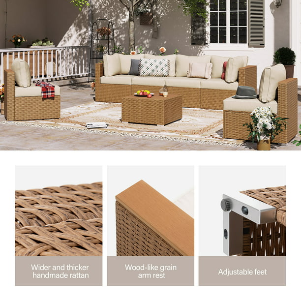 LAUSAINT HOME 7 Pieces Patio Conversation Set, Outdoor Sectional PE Rattan Wicker Furniture Seat (Beige Cushion & Brown Wicker)