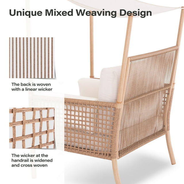 LAUSAINT HOME Outdoor Wicker Chair with Top Canopy for Sunshade, Oversized Patio Rattan Chair with Plush Beige Cushions