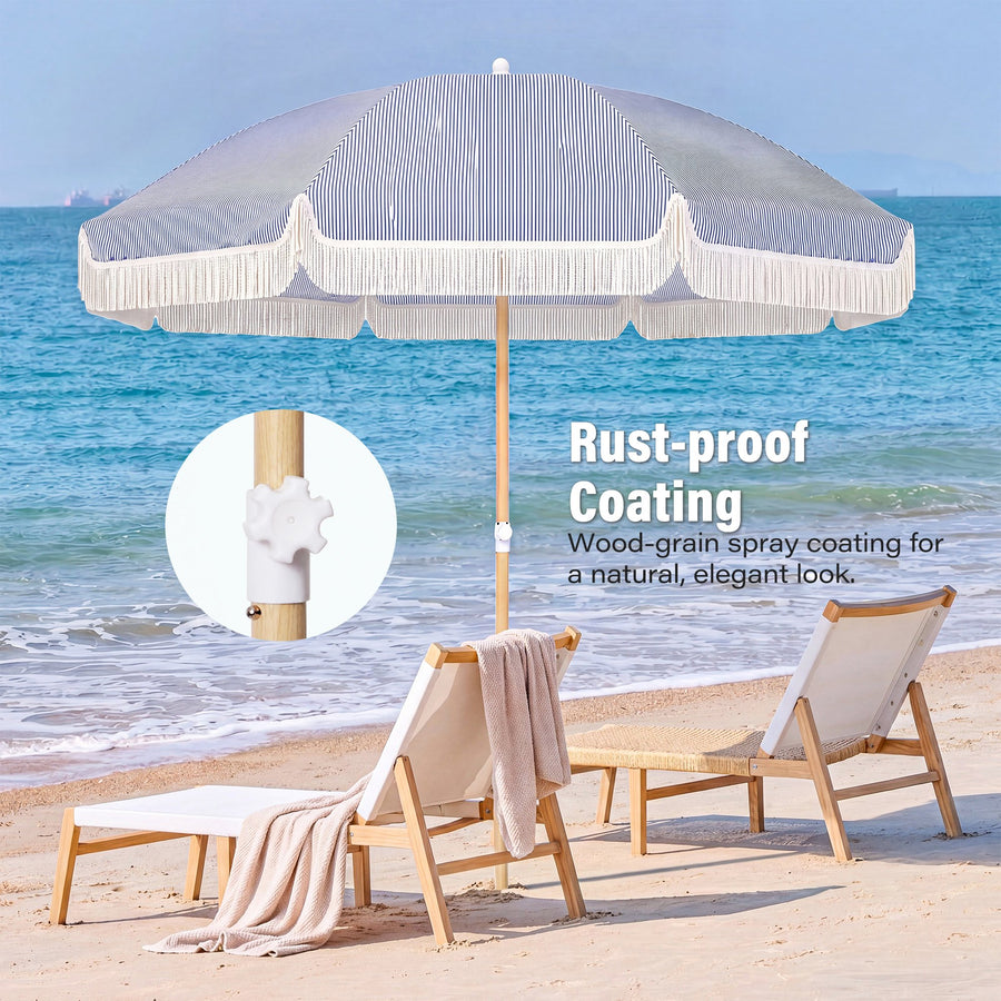 KAMEROUT 7.5ft Fringe Patio Umbrella, Blue Striped Outdoor Market Umbrella with UV50+ Protection, Steel Pole, Hand Push Lift for Garden, Deck, Backyard, Poolside