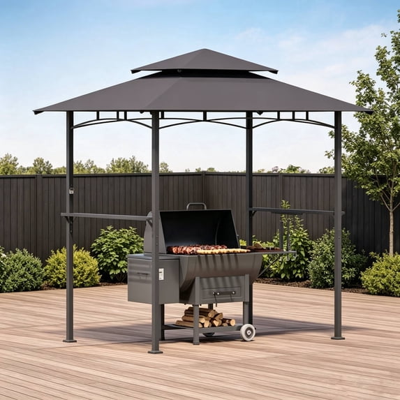 LAUSAINT HOME 8'x 5' Outdoor Grill Gazebo, Steel Frame 8x8 Compatible Soft Canopy with Vented Top & 2 Side Shelves for Backyard Barbecue, Picnic, Patio, Dark Gray
