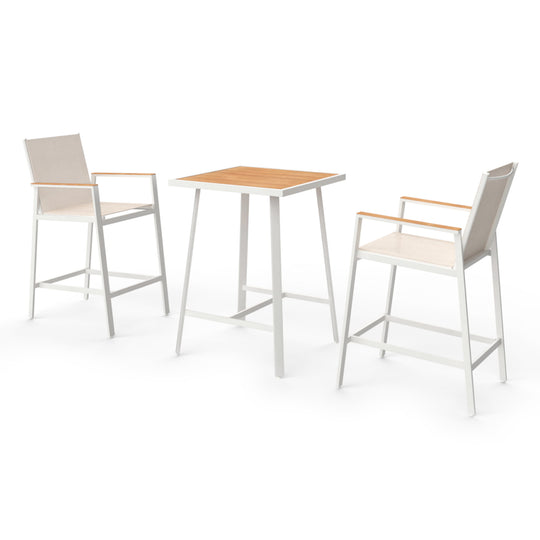 LAUSAINT HOME 3 Pieces Patio Bistro Set, All Weather Textilene Fabric, 2 Height Bar Stools with Wood Grain Top Coffee Table, Beige