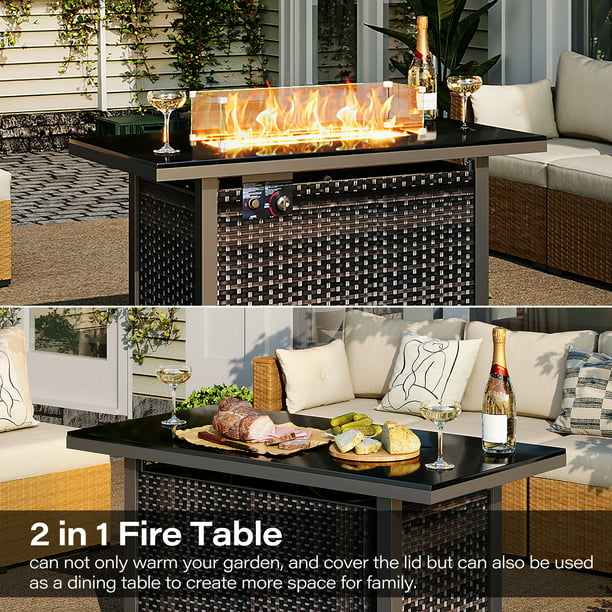 LAUSAINT HOME 43" Outdoor Fire Pit Table, 50,000 BTU Auto-Ignition Gas Fire Pit with Glass Wind Guard Propane(Rattan)