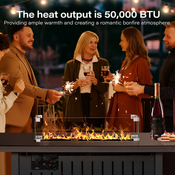 LAUSAINT HOME 43" Outdoor Fire Pit Table, 50,000 BTU Auto-Ignition Gas Fire Pit with Glass Wind Guard Propane(Metal)