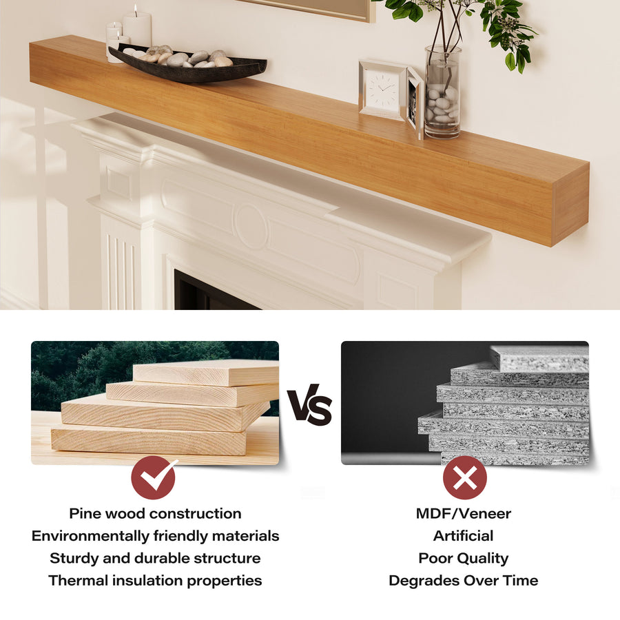 LAUSAINT HOME 72″ Solid Pine Floating Fireplace Mantel Shelf with Hidden Steel Brackets