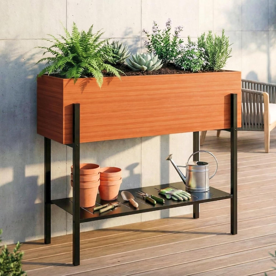 LAUSAINT HOME Outdoor Raised Garden Bed with Legs and Storage Shelf, 32" Tall Metal Elevated Planter Box with Wood Grain Finish, Deep Large Planter for Vegetables/Herbs, Patio, Backyard, Balcony