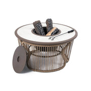 LAUSAINT HOME Outdoor Wicker Fire Pit Table with Metal Lid & Fire Tong, Brown