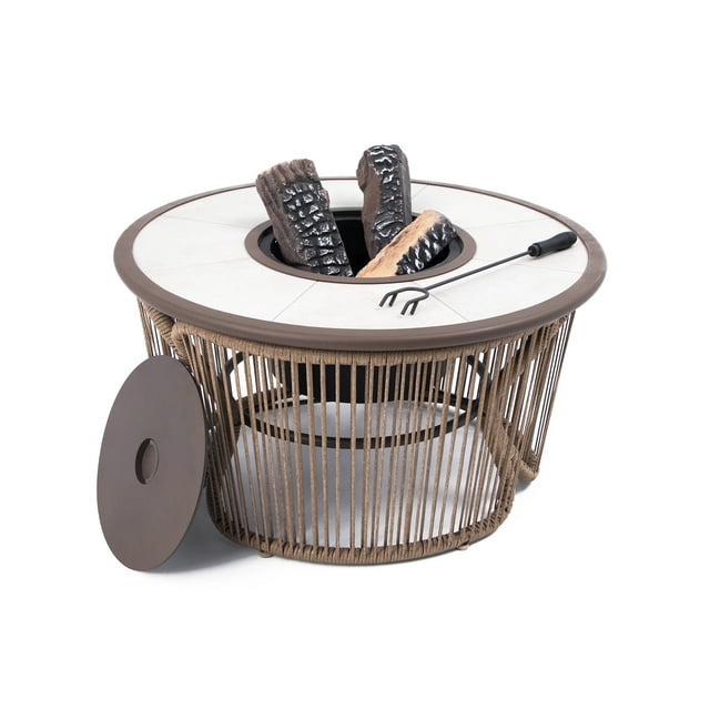 LAUSAINT HOME Outdoor Wicker Fire Pit Table with Metal Lid & Fire Tong, Brown