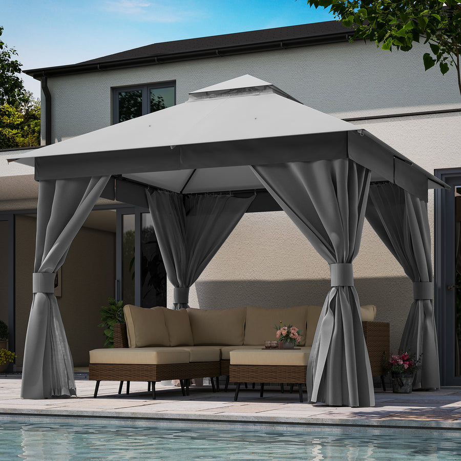 LAUSAINT HOME Patio Gazebo 10'x10' with Expansion Bolts, Double Roofs Outdoor Shelter Tent with Nettings and Privacy Screens (Gray)