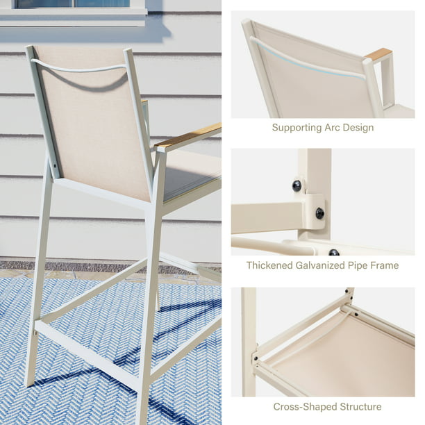 LAUSAINT HOME 3 Pieces Patio Bistro Set, All Weather Textilene Fabric, 2 Height Bar Stools with Wood Grain Top Coffee Table, Beige