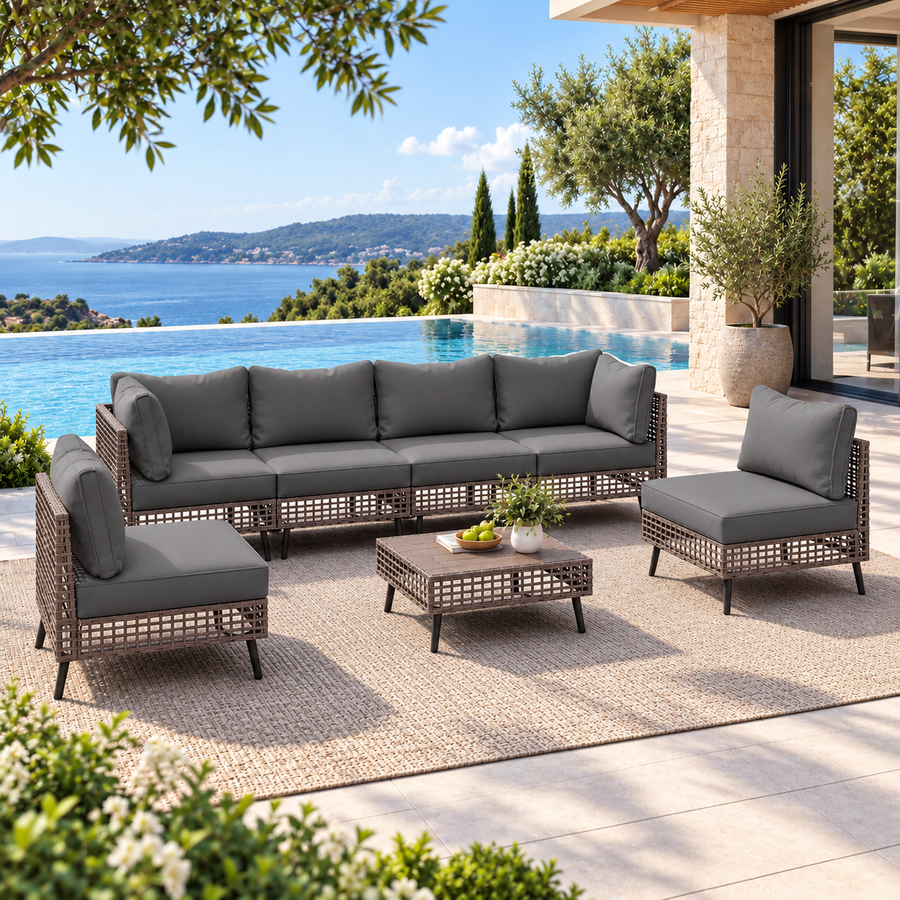 LAUSAINT HOME 7-Piece Outdoor Wicker Sectional Sofa Set with Gray Cushions, Modular Patio Conversation Furniture with Wood-Look Coffee Table for Backyard, Patio and Garden