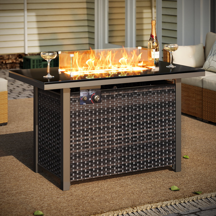 LAUSAINT HOME 43" Outdoor Fire Pit Table, 50,000 BTU Auto-Ignition Gas Fire Pit with Glass Wind Guard Propane(Rattan)