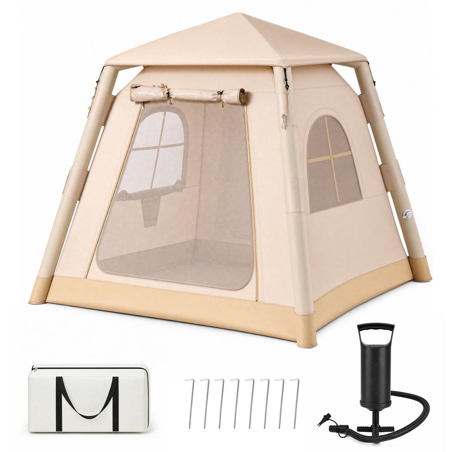 KAMEROUT Inflatable Tent 3 Person Glamping Tent with Easy Air Pump Setup, All-Weather Waterproof Oxford Luxury Blow Up Air Camping Tent with Mesh Window, Inflatable House, Khaki