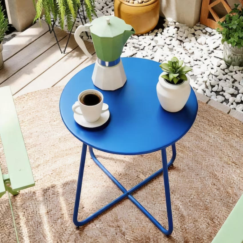 LAUSAINT HOME 18" Modern Outdoor Side Table, Small Round Steel Patio Table with Adjustable Footpads, Blue