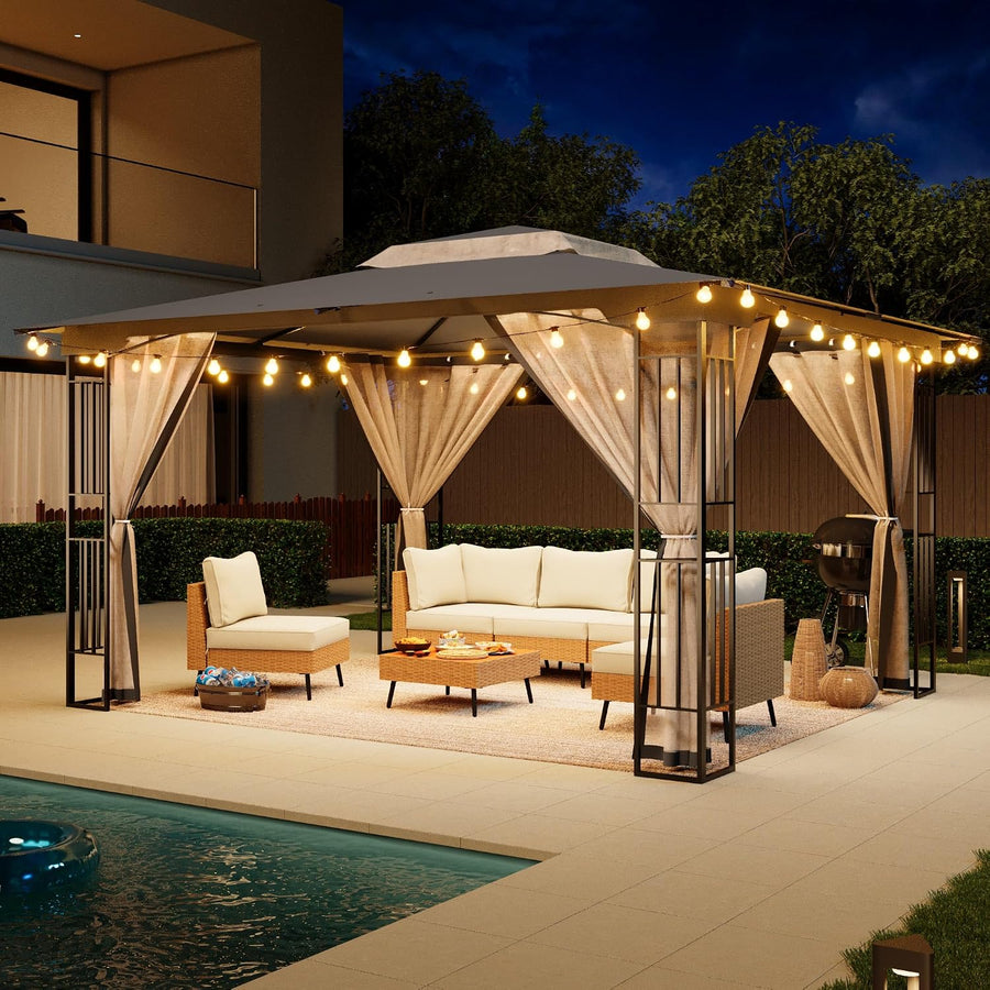 LAUSAINT HOME 13' x 11' Outdoor Patio Gazebo with 50FT String Lights, Heavy-Duty Steel Frame Gazebo with Double-Tier Roof & Mosquito Netting, Party Tent Shelter for Backyard, Garden, Lawn, Gray