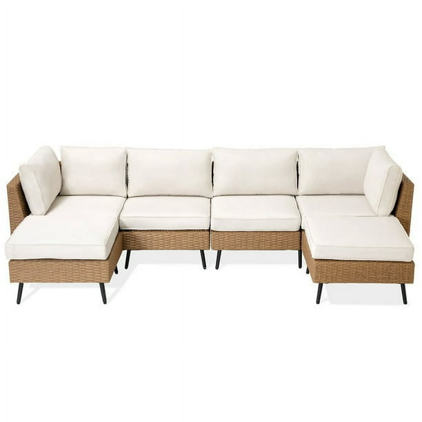 LAUSAINT HOME 6 Pieces Patio Conversation Set, Outdoor Sectional Wicker Sofa PE Rattan Furniture Set with Thick Cushions, Beige