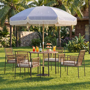 KAMEROUT 7.5ft Fringe Patio Umbrella, Blue Striped Outdoor Market Umbrella with UV50+ Protection, Steel Pole, Hand Push Lift for Garden, Deck, Backyard, Poolside