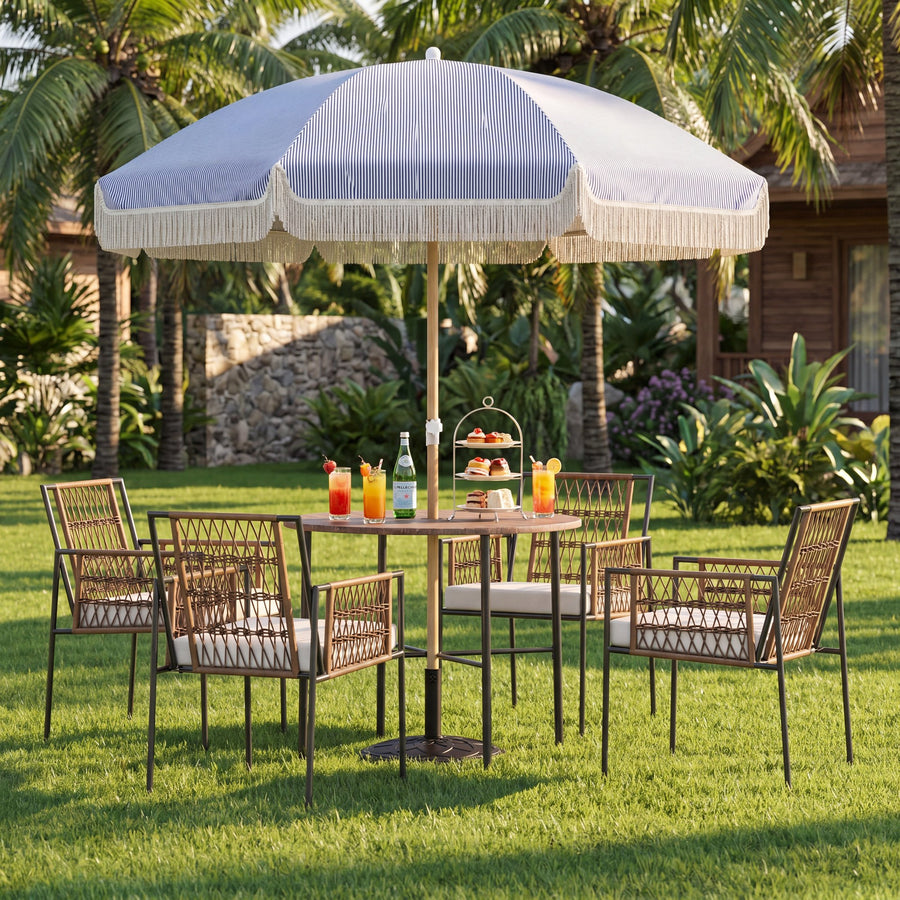 KAMEROUT 7.5ft Fringe Patio Umbrella, Blue Striped Outdoor Market Umbrella with UV50+ Protection, Steel Pole, Hand Push Lift for Garden, Deck, Backyard, Poolside