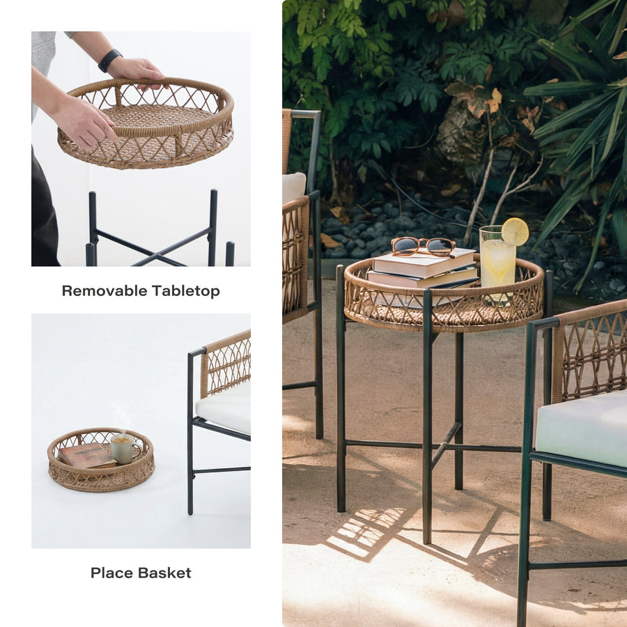 LAUSAINT HOME 3 Piece Metal Outdoor Bistro Set with Side Table and 2 Chairs, Beige Cushions