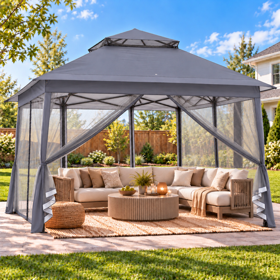 LAUSAINT HOME 13x13 Pop Up Gazebo with Mosquito Netting, Portable Outdoor Gazebo Canopy Tent with Sidewalls, One Push Instant Setup & Adjustable Height for Patio Backyard Party BBQ Deck, Gray