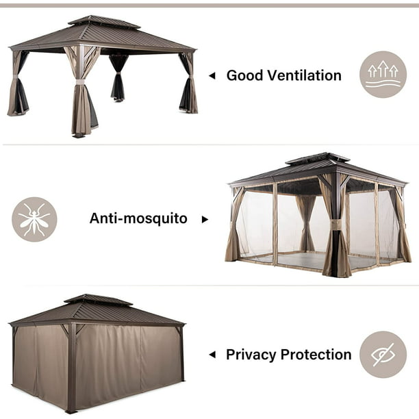 LAUSAINT HOME 12' x 16' Hardtop Patio Gazebo, 2-Tier Permanent Aluminum Hardtop with Mosquito Net and Privacy Curtain